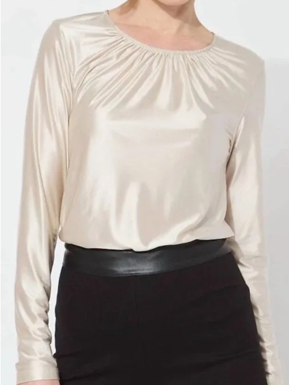 NWT Lyssé New York Light Pewter Metallic Gathered Neck Long Sleeve Top Size S